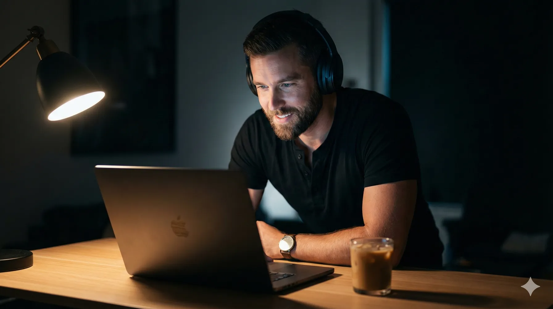 Мужчина в наушниках за ноутбуком — deep work в потоке